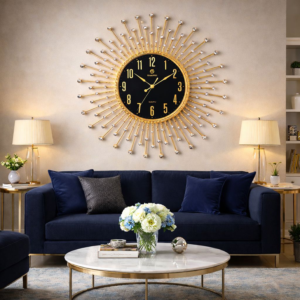 Ceas de perete decorativ auriu tip Sunburst cu cristale 50cm — Confort Practic Pentru Casa Ta