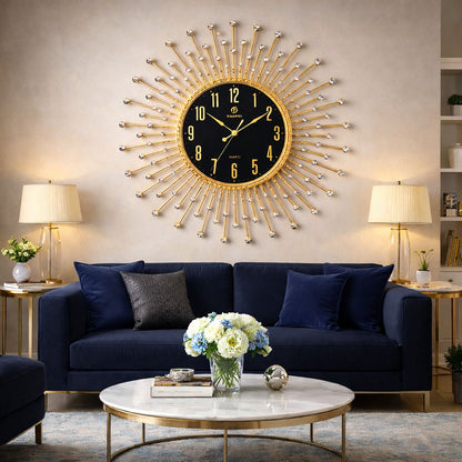 Ceas de perete decorativ auriu tip Sunburst cu cristale 50cm — Confort Practic Pentru Casa Ta