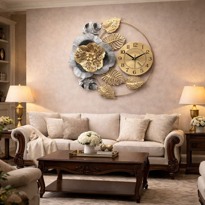 Ceas de perete decorativ floral auriu argintiu 60 cm — Confort Practic Pentru Casa Ta