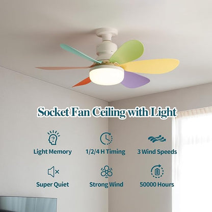 Ventilator de Tavan cu Lumină LED, Telecomandă, Dulie E27, 6 Pale Colorate, 40W, 3 Trepte Viteză, A-168-3