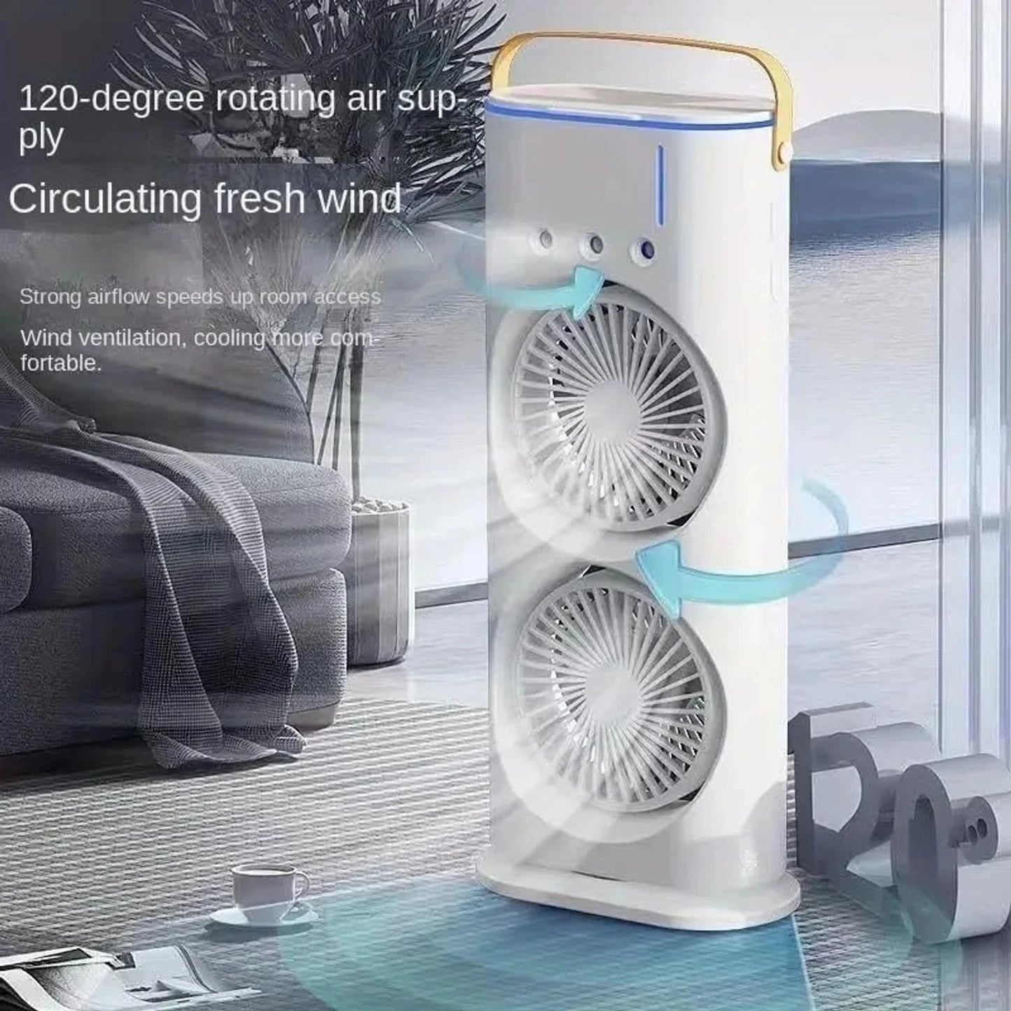 Ventilator Dublu cu Umidificator si Telecomanda, Racire cu Ceata Fina, Portabil, M-100