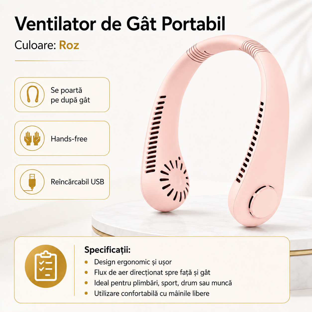 Ventilator de Gat Portabil Hands-Free, Reincarcabil USB, Racorire pe Drum, A-168-4