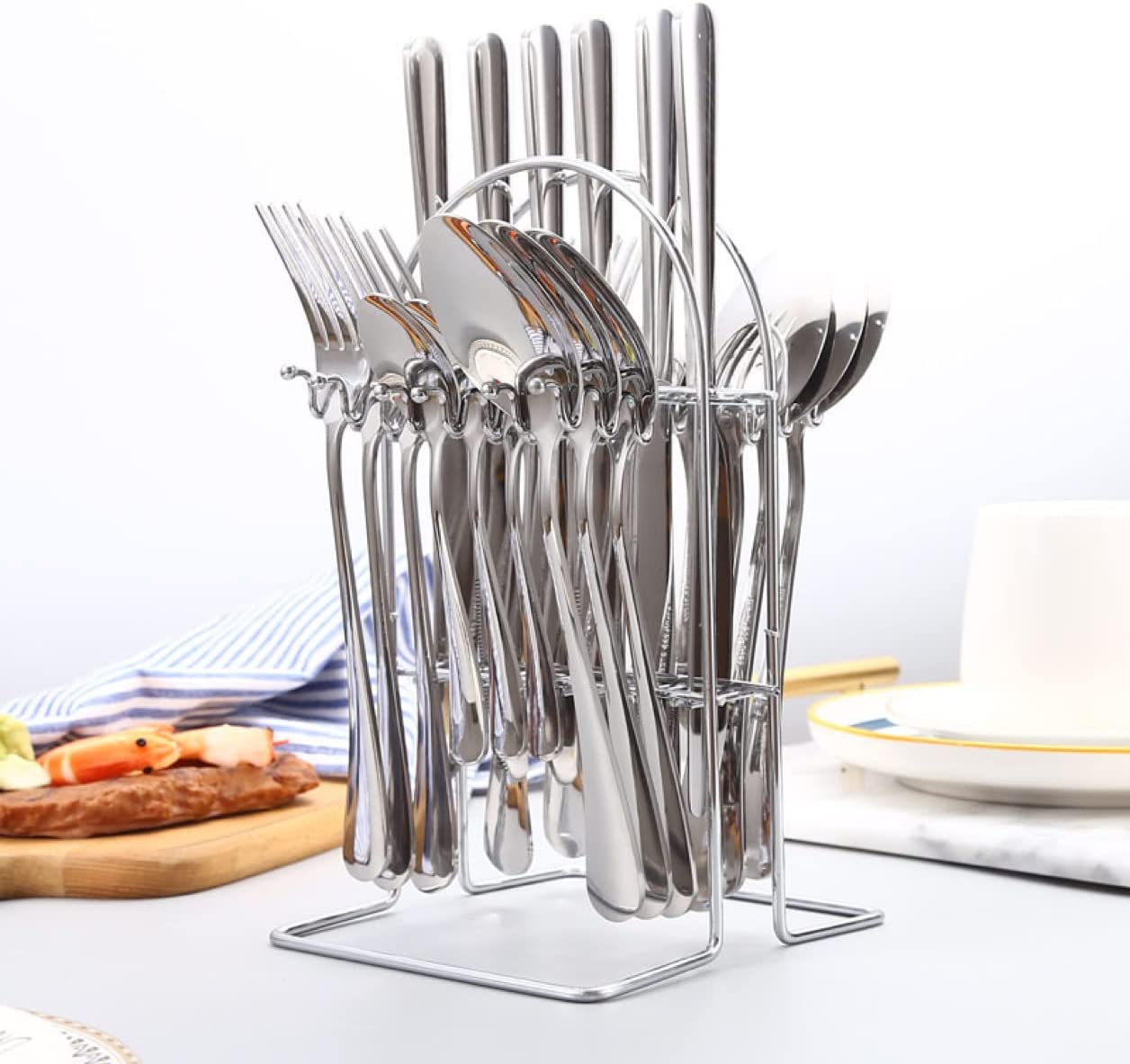 Set Tacâmuri 24 Piese din Oțel Inoxidabil cu Suport Elegant Argintiu, A-131-8