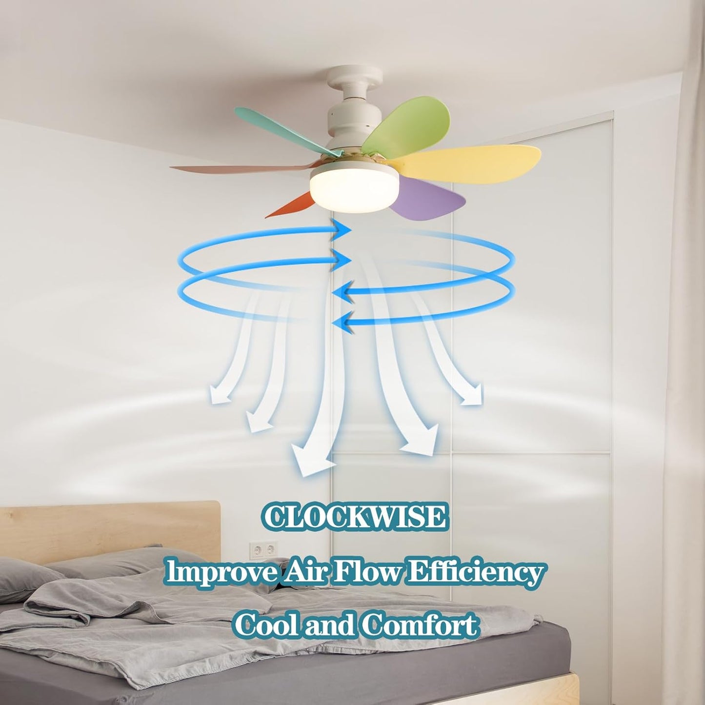 Ventilator de Tavan cu Lumină LED, Telecomandă, Dulie E27, 6 Pale Colorate, 40W, 3 Trepte Viteză, A-168-3