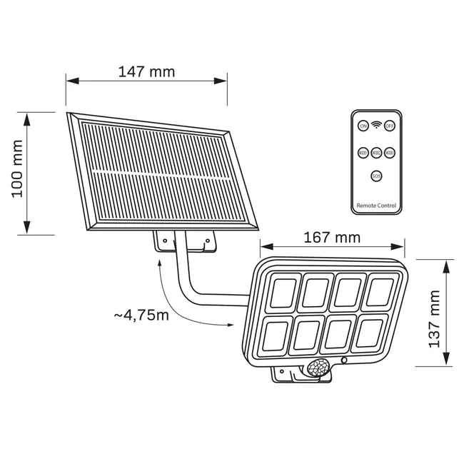 Lampa Solara cu Senzor de Miscare si Panou Detasabil, 180 lm, IP44, A-163-9