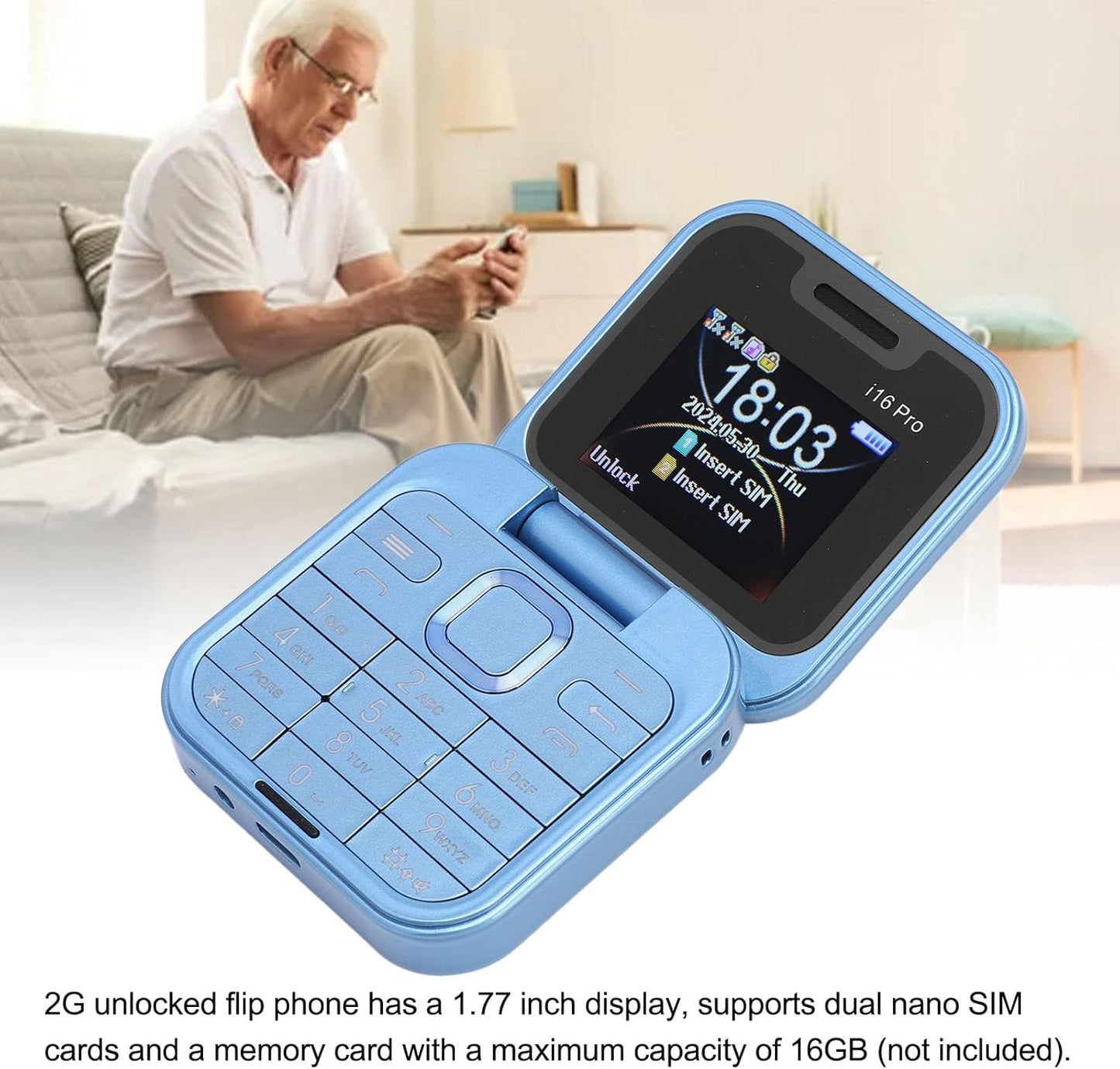 Telefon Mini Pliabil Flip Phone i16 Pro Dual SIM cu Bluetooth și Cameră, A-147-5
