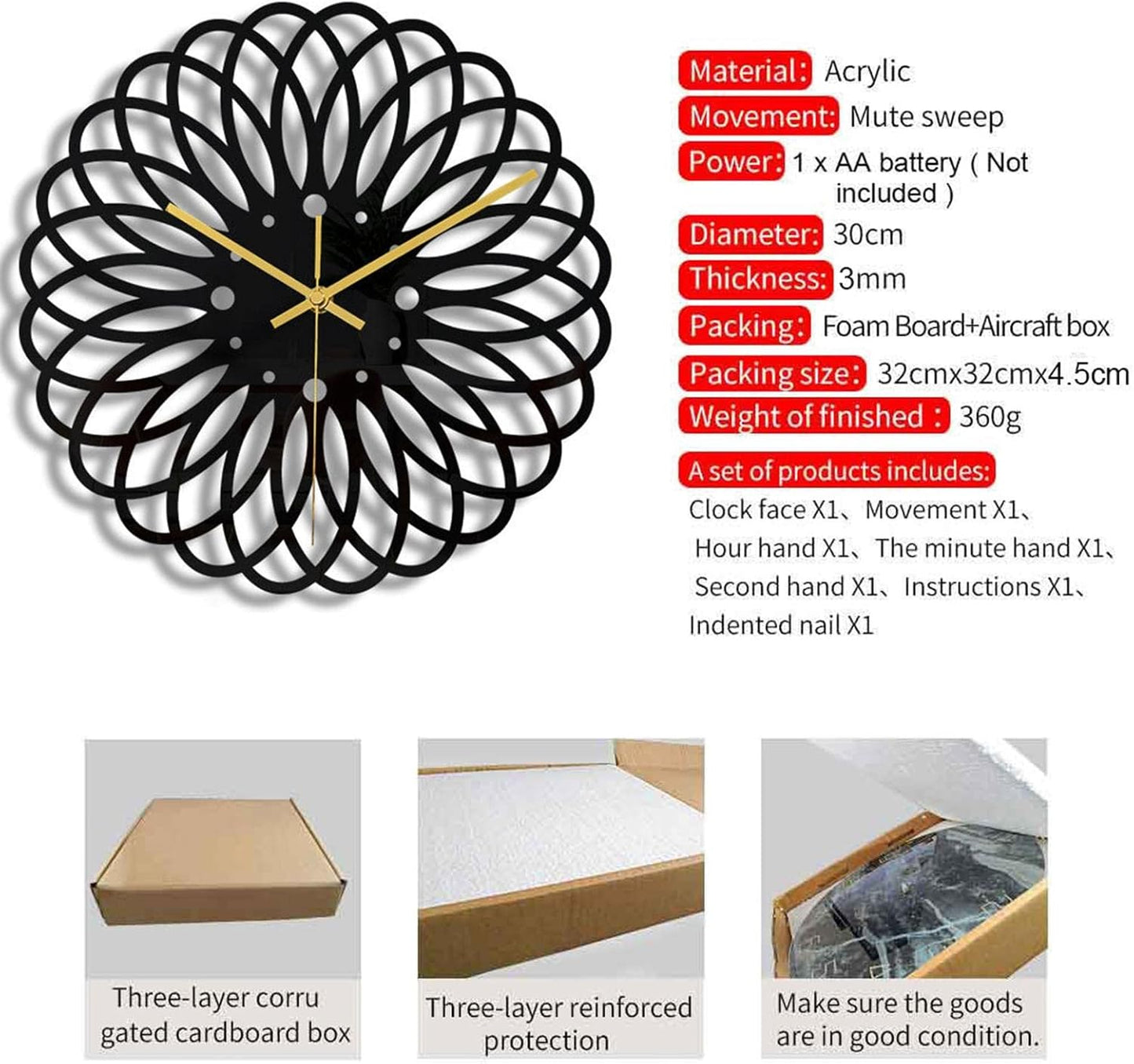 Ceas de perete 30 cm design geometric 3D modern silentios — Confort Practic Pentru Casa Ta