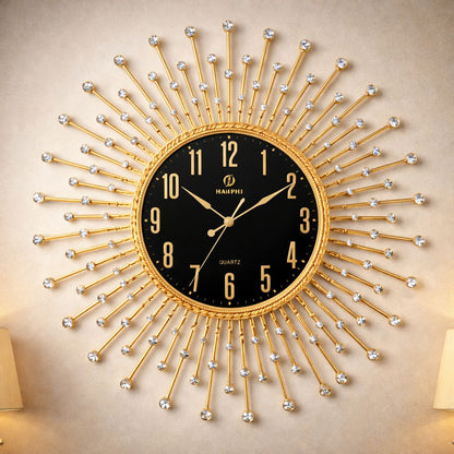 Ceas de perete decorativ auriu tip Sunburst cu cristale 50cm — Confort Practic Pentru Casa Ta