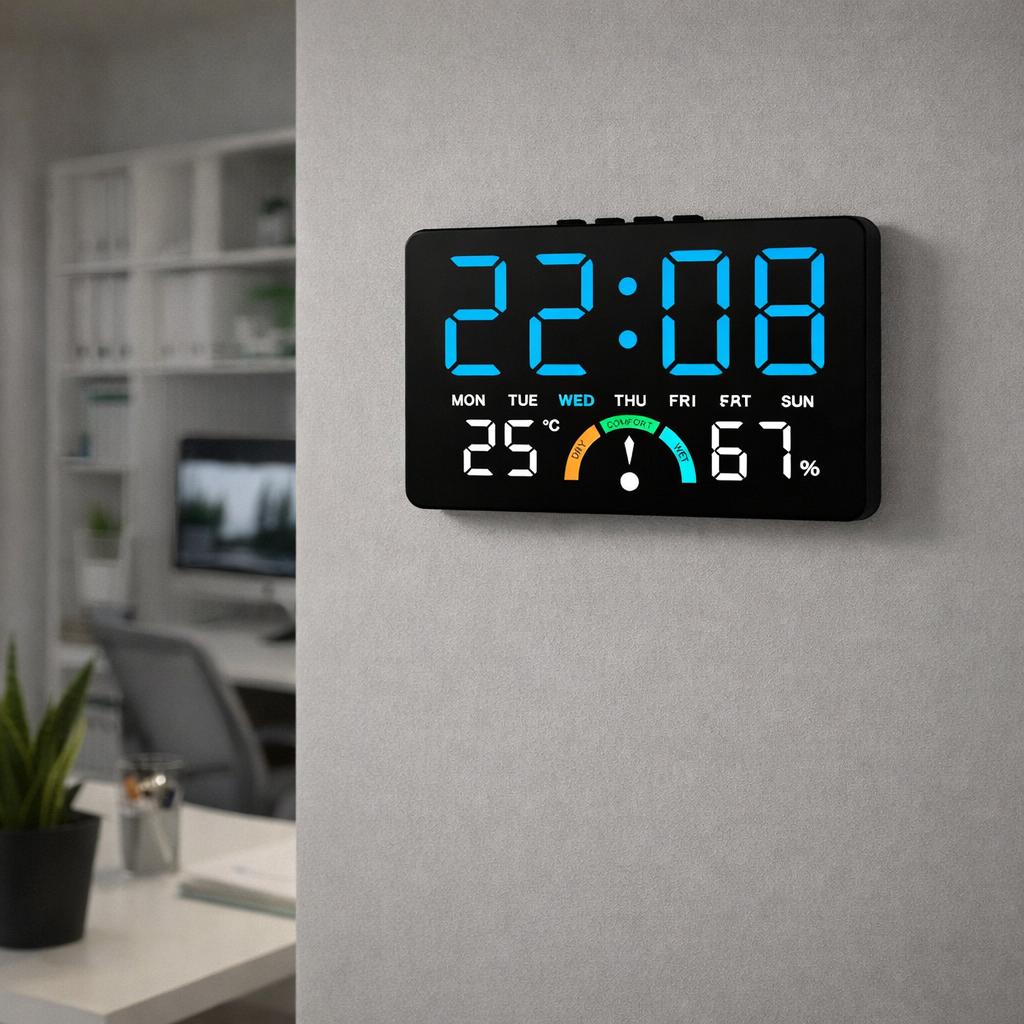 Ceas digital LED cu termometru si higrometru Afisaj mare iluminat — Confort Practic Pentru Casa Ta