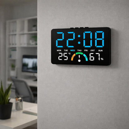 Ceas digital LED cu termometru si higrometru Afisaj mare iluminat — Confort Practic Pentru Casa Ta