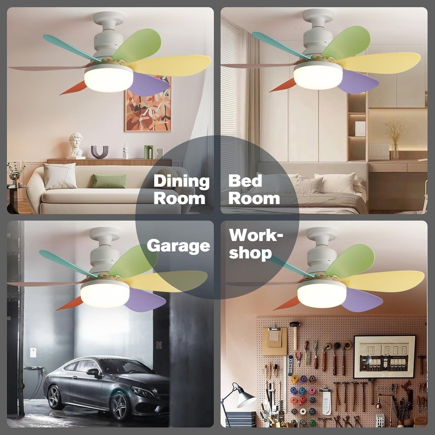 Ventilator de Tavan cu Lumină LED, Telecomandă, Dulie E27, 6 Pale Colorate, 40W, 3 Trepte Viteză, A-168-3