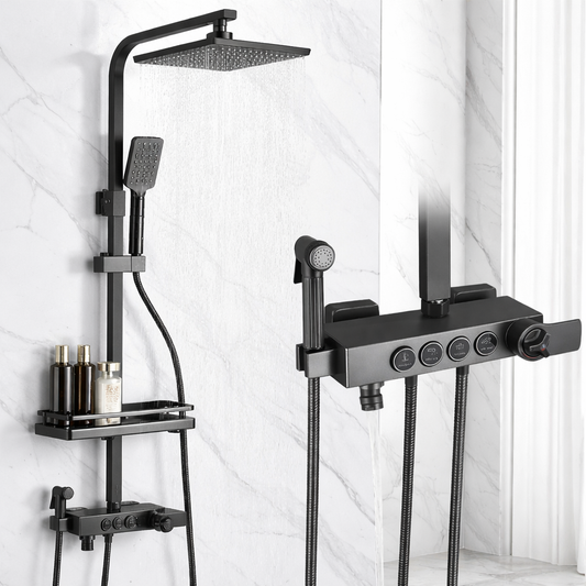 Coloană de Duș Premium cu Baterie Termostatică și Sistem Rain Shower, Negru Mat, A-165-9