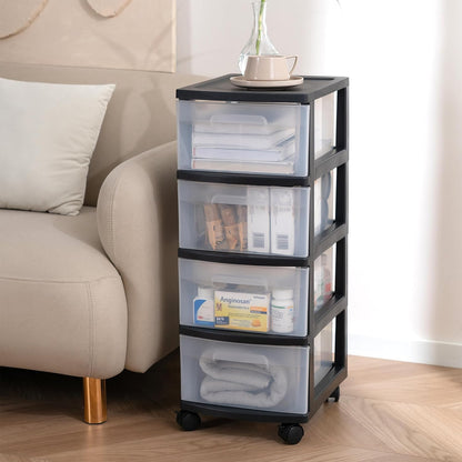Dulap pe roti cu sertare transparenter 4 x 20 L — Confort Practic Pentru Casa Ta