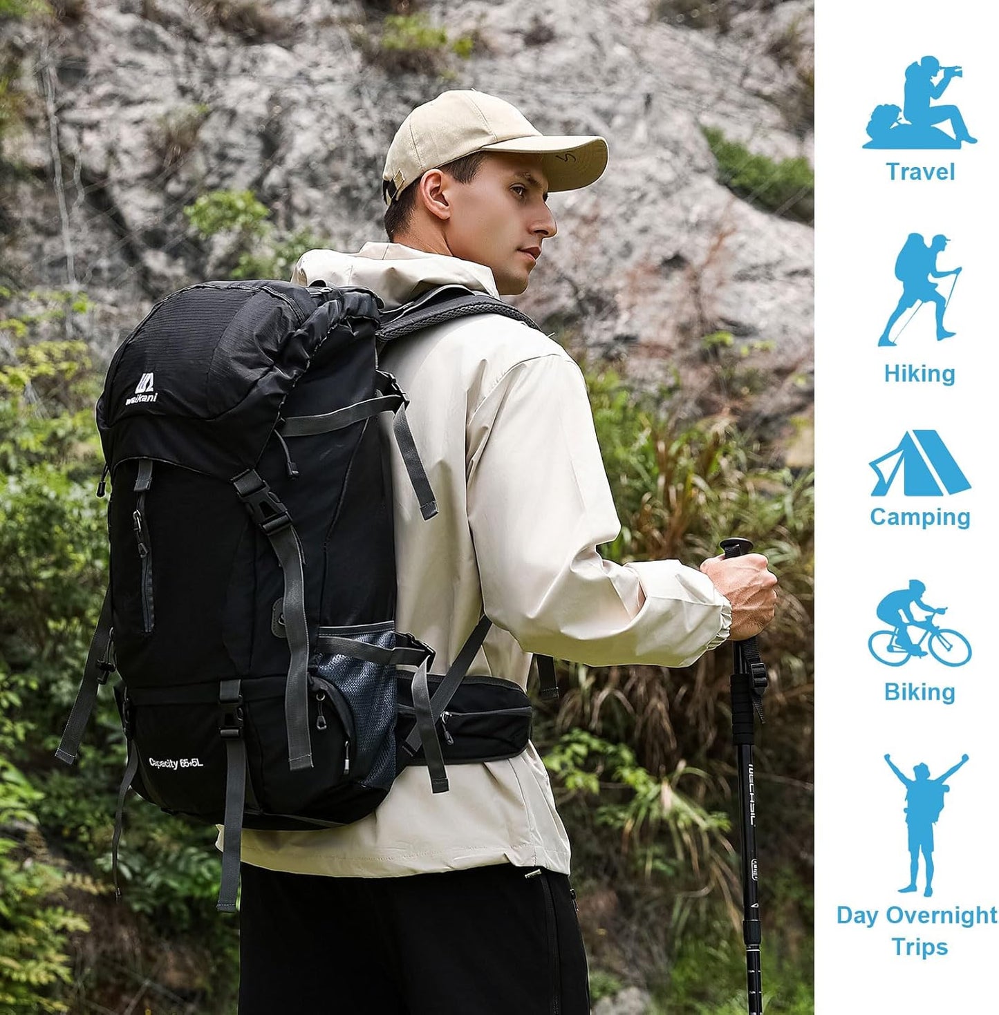 Rucsac drumetie 70L cu husa ploaie si sistem prindere echipament — Mai Mult Confort Oriunde