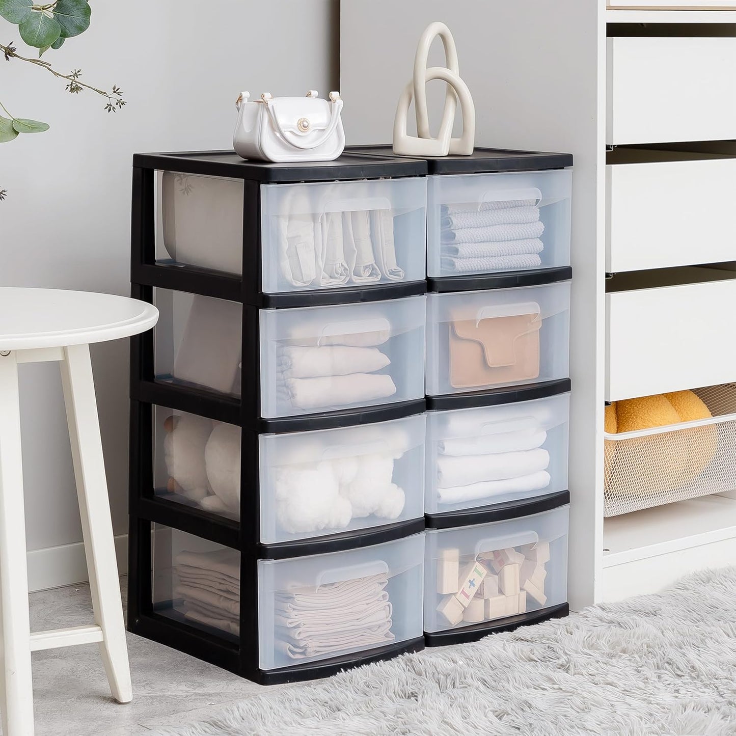 Dulap pe roti cu sertare transparenter 4 x 20 L — Confort Practic Pentru Casa Ta