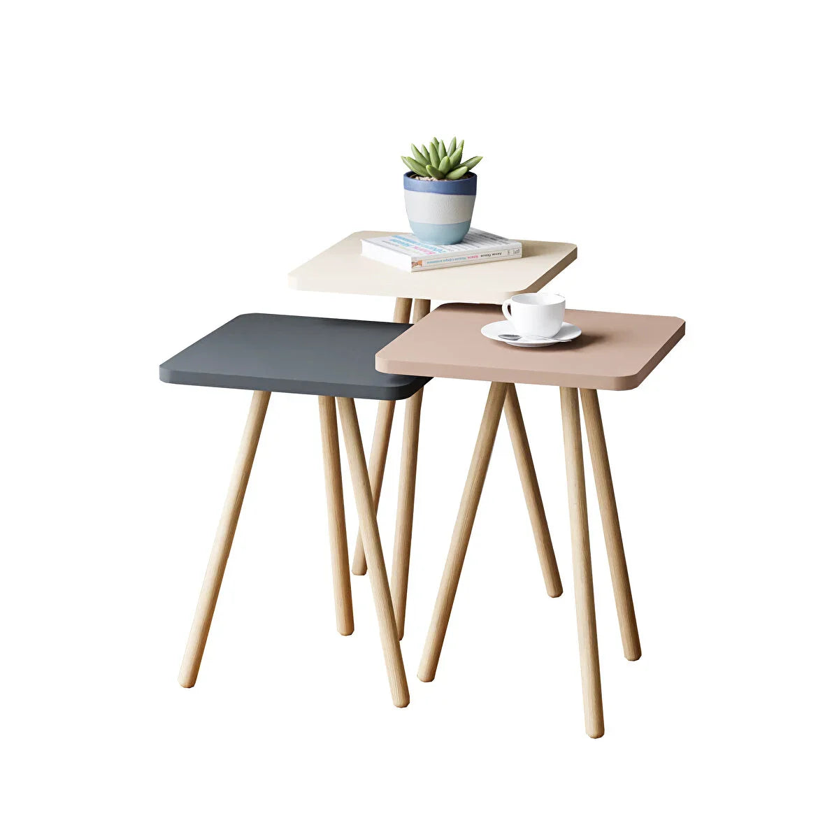 Set 3 masute decorative cu picioare din lemn 34x34 cm — Confort Practic Pentru Casa Ta
