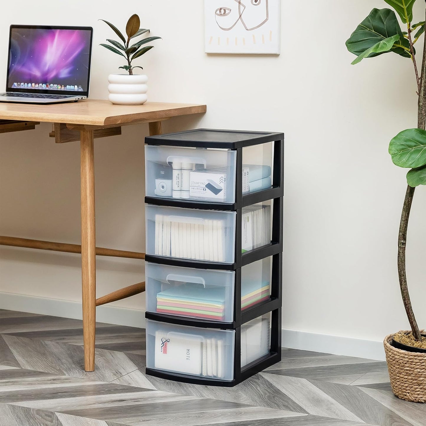 Dulap pe roti cu sertare transparenter 4 x 20 L — Confort Practic Pentru Casa Ta