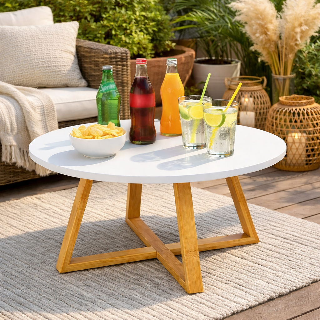 Masa de cafea rotunda 60 cm blat MDF picioare bambus — Confort Practic Pentru Casa Ta