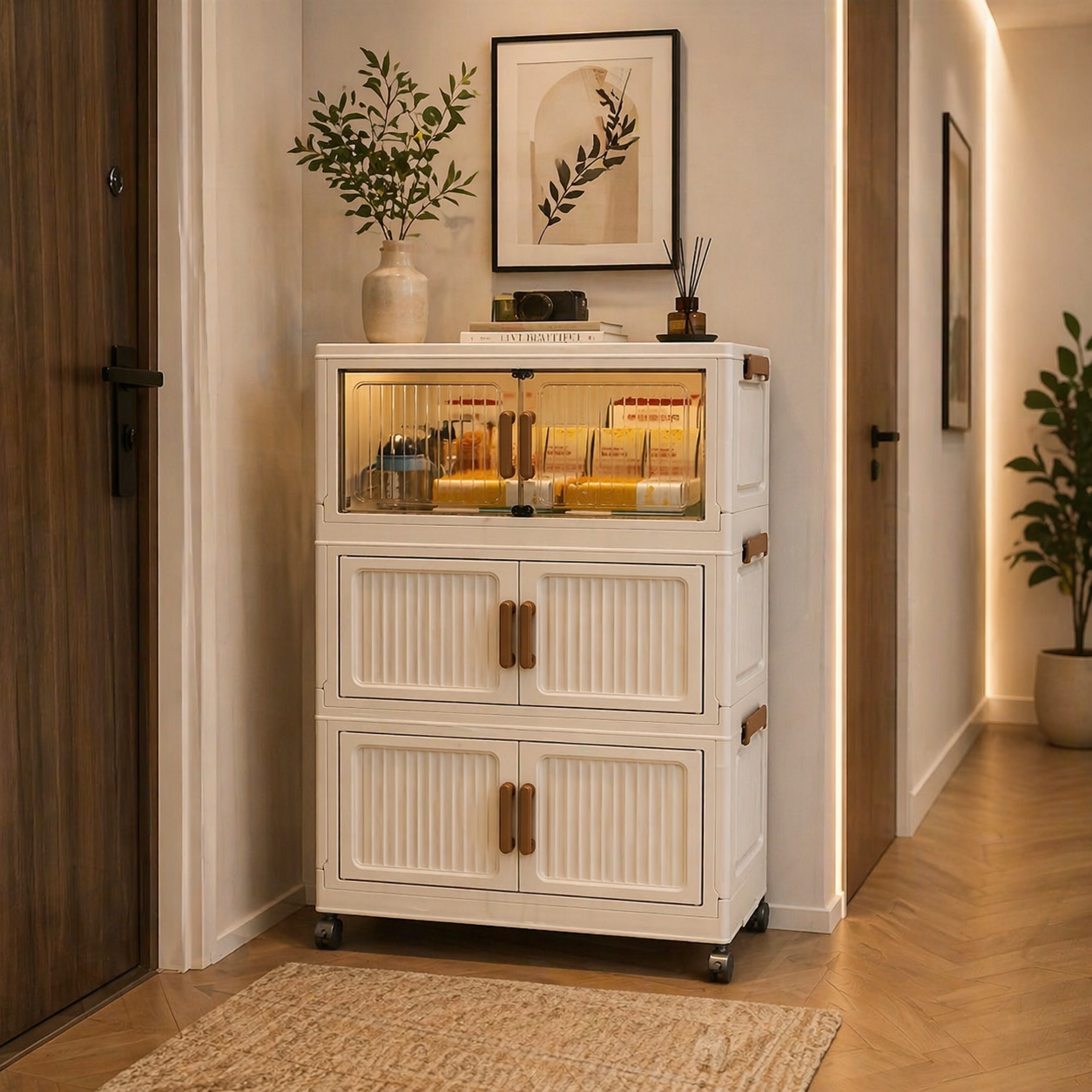 Dulap depozitare pliabil cu usi si roti crem 45 cm — Confort Practic Pentru Casa Ta