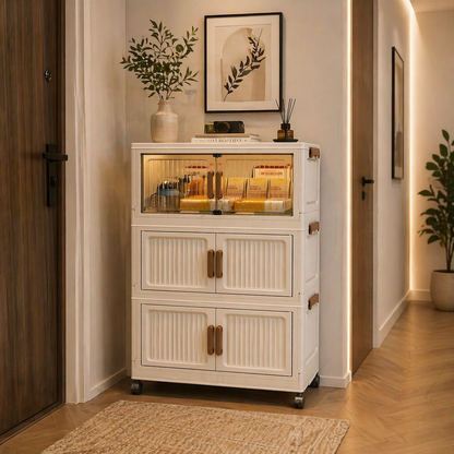 Dulap depozitare pliabil cu usi si roti crem 45 cm — Confort Practic Pentru Casa Ta