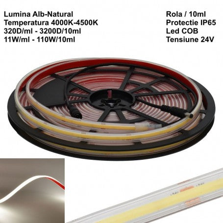 Bandă LED COB 24V, 320 LED/m, 4500K Alb Neutru, IP65, Rolă 10 m, Q-18A172