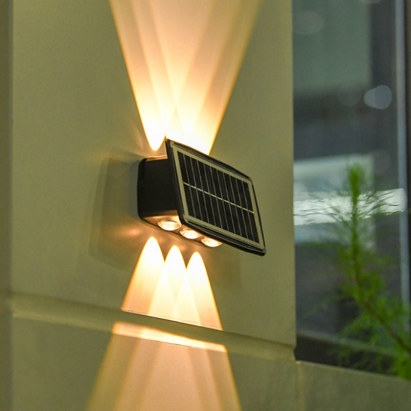 Lampă Solară de Perete Exterior cu 6 LED-uri, Iluminat Bidirecțional Sus si Jos, Senzor de Lumină, Rezistenta la Apa IP65