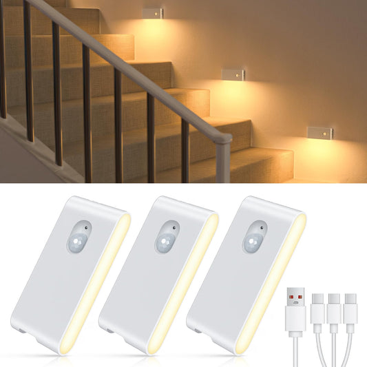 Set 3 Mini-Lămpi LED de Veghe cu Senzor de Mișcare, Montaj Magnetic — Alb, Alb Cald 2700K, Reîncărcabile USB-C