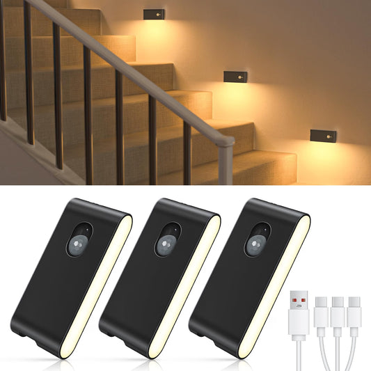 Set 3 Mini-Lămpi LED de Veghe cu Senzor de Mișcare, Montaj Magnetic — Alb Cald 2700K, Reîncărcabile USB-C