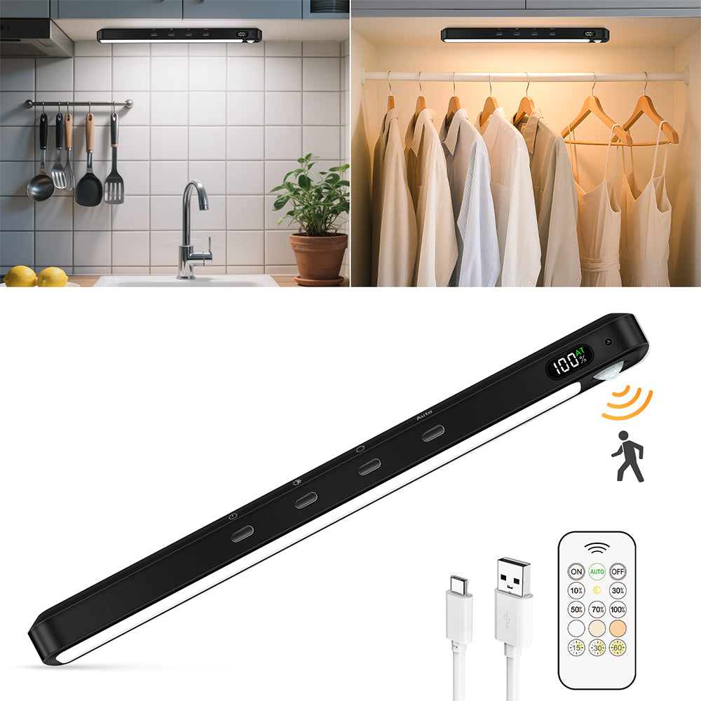 Lampă LED pentru Dulap cu Telecomandă si Senzor de Mișcare — Negru, Alb Reglabil 3000-6000K, Baterie 1500mAh