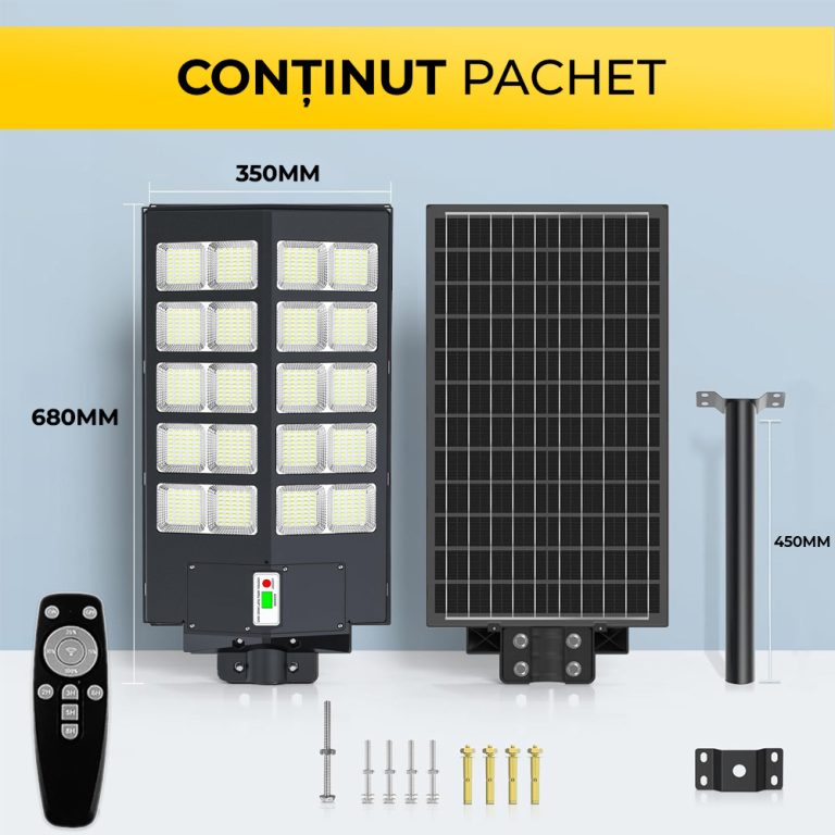 Lampă Solară 1000W cu Panou Monocristalin, 800 LED-uri, Telecomandă IP65, CLS-IL018
