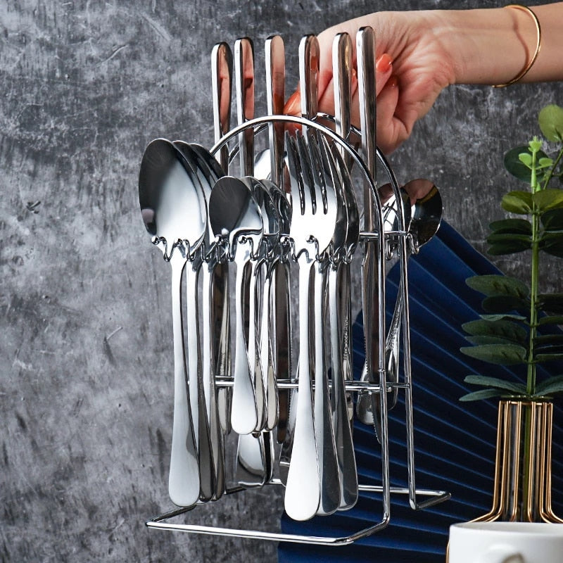Set Tacâmuri 24 Piese din Oțel Inoxidabil cu Suport Elegant Argintiu, A-131-8