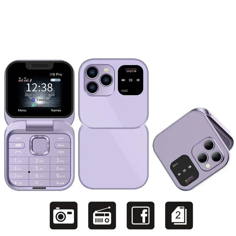 Telefon Mini Pliabil Flip Phone i16 Pro Dual SIM cu Bluetooth și Cameră, A-147-5