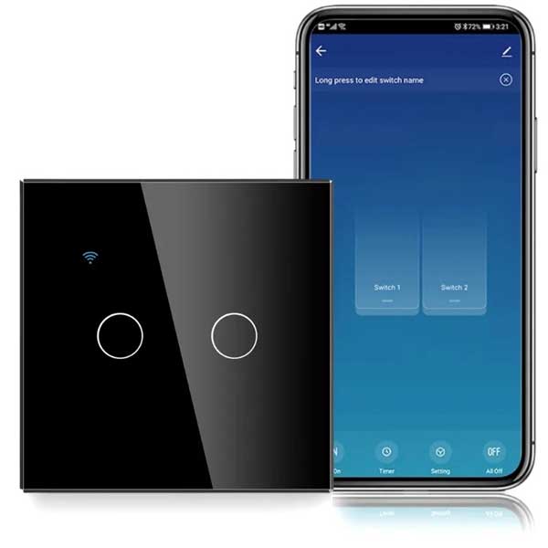 Întrerupător Smart Touch Dublu Negru, WiFi, Control Vocal, Tuya / Smart Life, CLS-SM020