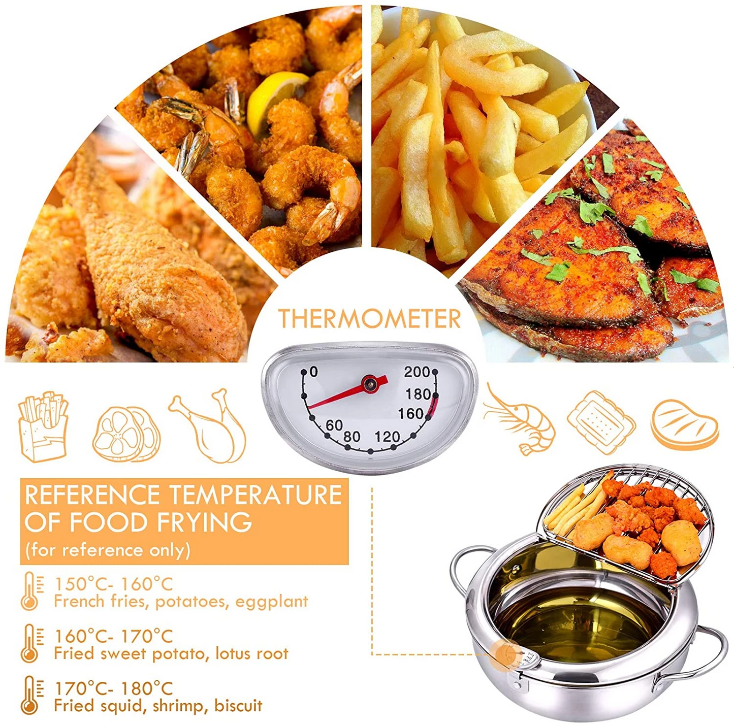 Friteuza in japonez din oțel inoxidabil cu termometru pe capac — Mai Mult Confort în Bucătărie