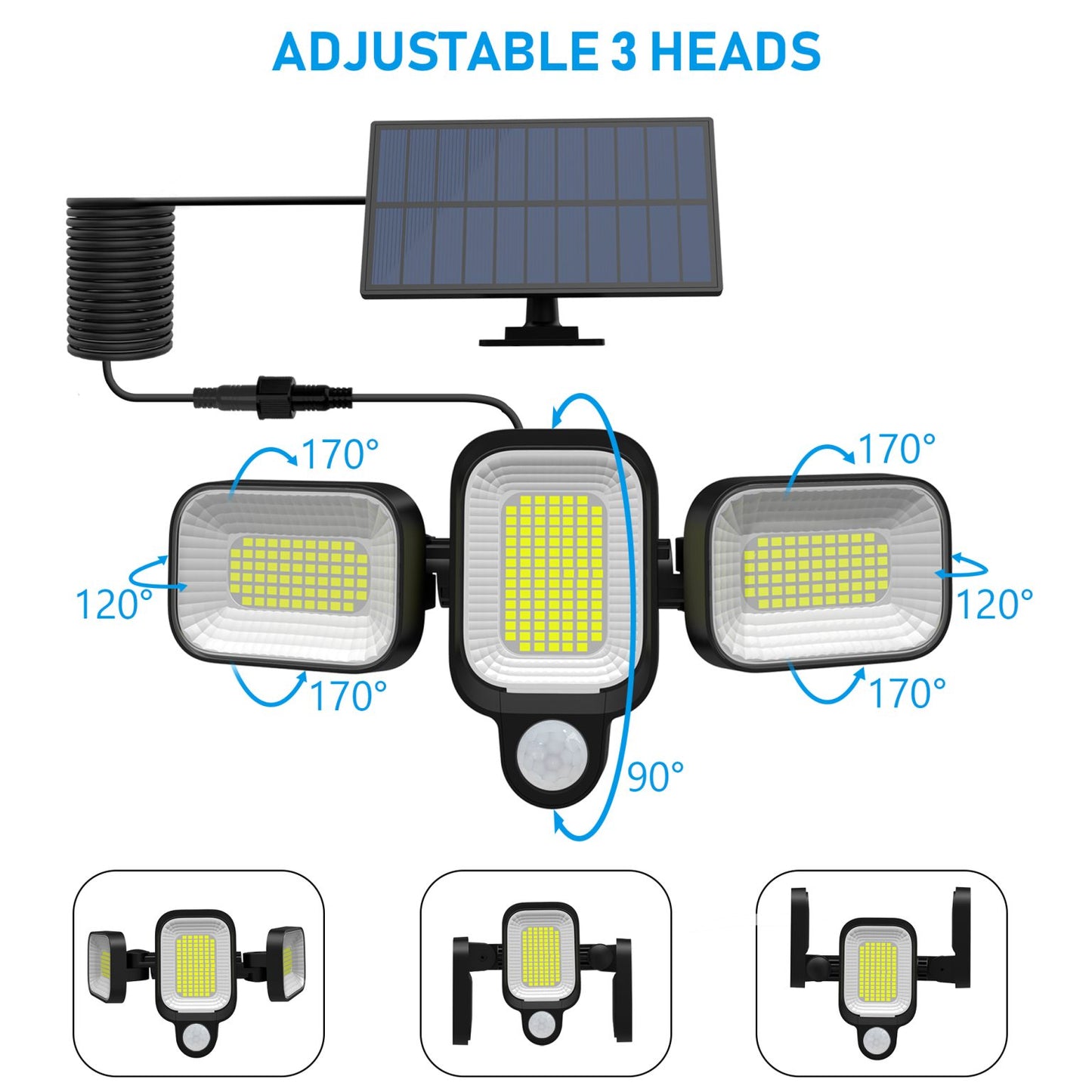Lampă Solară LED 45W cu 225 LED-uri, Senzor Mișcare și 3 Brațe Rotative IP65, CLS-IL008