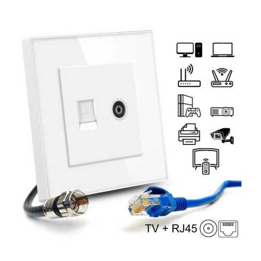 Priză TV + Internet RJ45 Cat6 Albă, Ramă din Sticlă Securizată, CLS-SM006