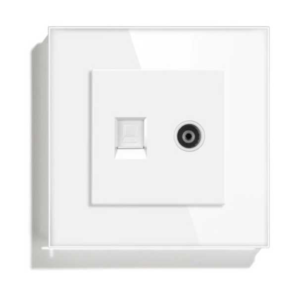 Priză TV + Internet RJ45 Cat6 Albă, Ramă din Sticlă Securizată, CLS-SM006