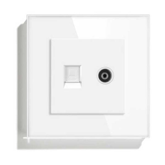 Priză TV + Internet RJ45 Cat6 Albă, Ramă din Sticlă Securizată, CLS-SM006