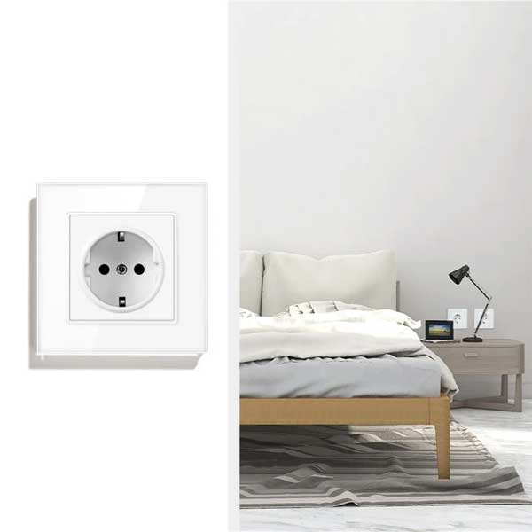 Priză Albă cu Ramă din Sticlă Securizată, 16A, Design Modern, CLS-SM003