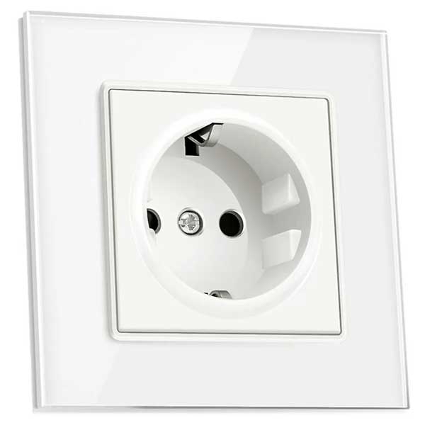 Priză Albă cu Ramă din Sticlă Securizată, 16A, Design Modern, CLS-SM003