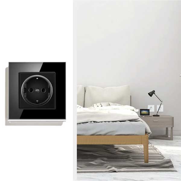Priză Neagră cu Ramă din Sticlă Securizată, 16A, Design Modern, CLS-SM004