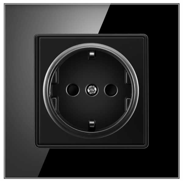 Priză Neagră cu Ramă din Sticlă Securizată, 16A, Design Modern, CLS-SM004