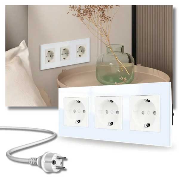 Priză Triplă Albă cu Ramă din Sticlă Securizată, 16A, Design Modern, CLS-SM009