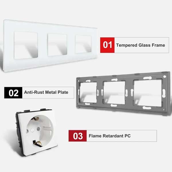 Priză Triplă Albă cu Ramă din Sticlă Securizată, 16A, Design Modern, CLS-SM009