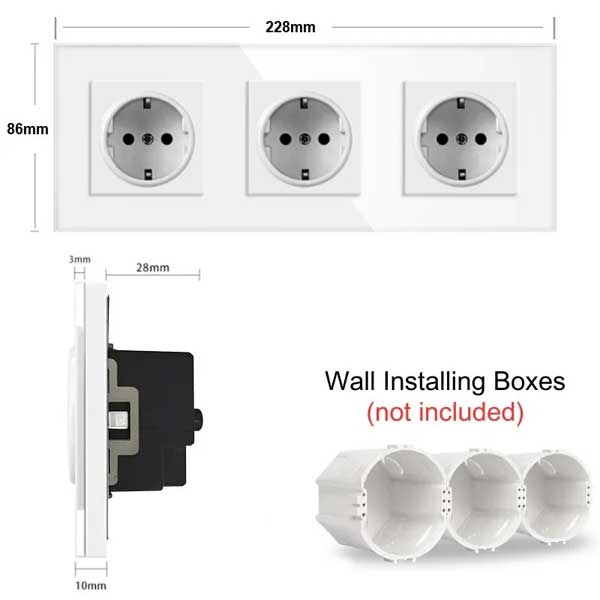 Priză Triplă Albă cu Ramă din Sticlă Securizată, 16A, Design Modern, CLS-SM009