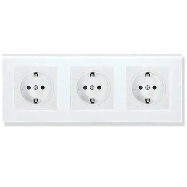 Priză Triplă Albă cu Ramă din Sticlă Securizată, 16A, Design Modern, CLS-SM009