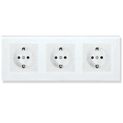 Priză Triplă Albă cu Ramă din Sticlă Securizată, 16A, Design Modern, CLS-SM009