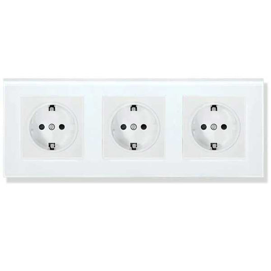 Priză Triplă Albă cu Ramă din Sticlă Securizată, 16A, Design Modern, CLS-SM009