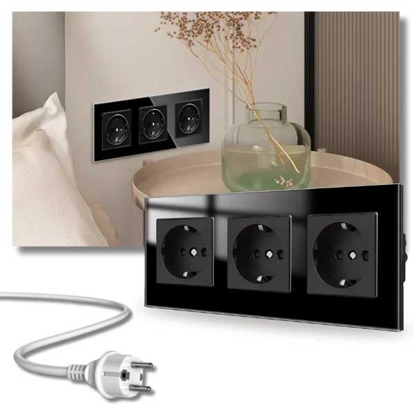 Priză Triplă Neagră cu Ramă din Sticlă Securizată, 16A, Design Modern, CLS-SM010