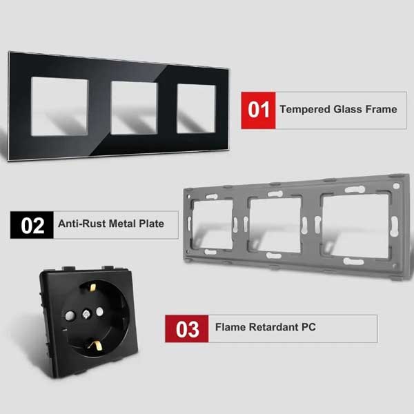 Priză Triplă Neagră cu Ramă din Sticlă Securizată, 16A, Design Modern, CLS-SM010